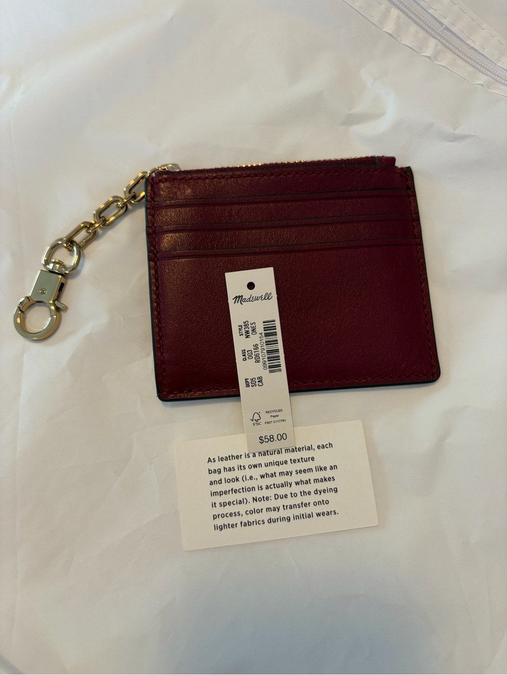 NWT MADEWELL The Zip Card Case in Cabernet Leather